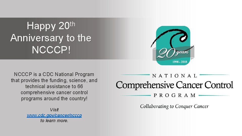 Happy 20 th Anniversary to the NCCCP! NCCCP is a CDC National Program that