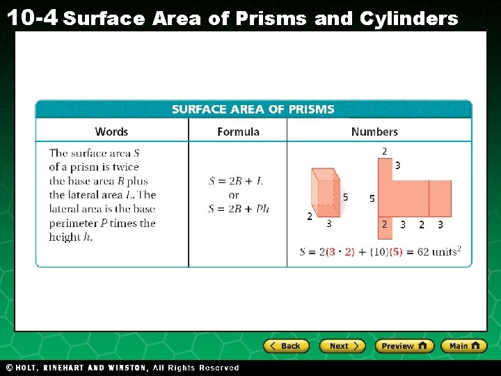 10 -4 Surface Area of Prisms and Cylinders Holt CA Course 1 