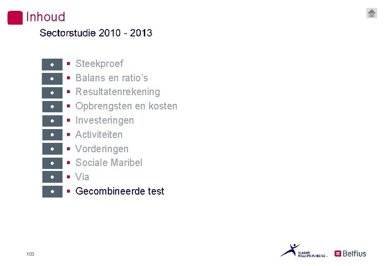 Inhoud 103 § § § § § Steekproef Balans en ratio’s Resultatenrekening Opbrengsten en