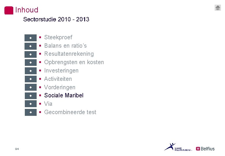 Inhoud 94 § § § § § Steekproef Balans en ratio’s Resultatenrekening Opbrengsten en