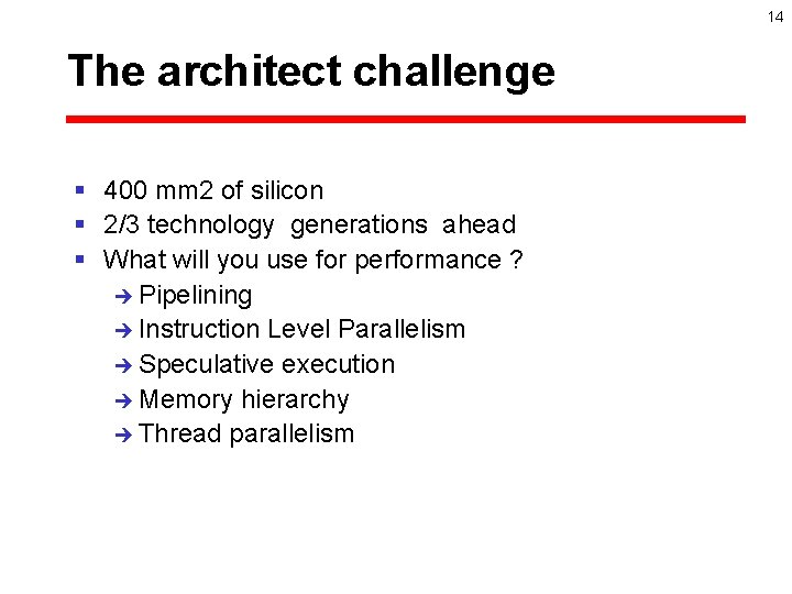 14 The architect challenge § 400 mm 2 of silicon § 2/3 technology generations