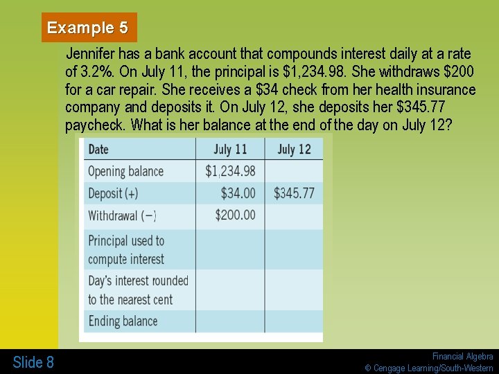 Example 5 Jennifer has a bank account that compounds interest daily at a rate