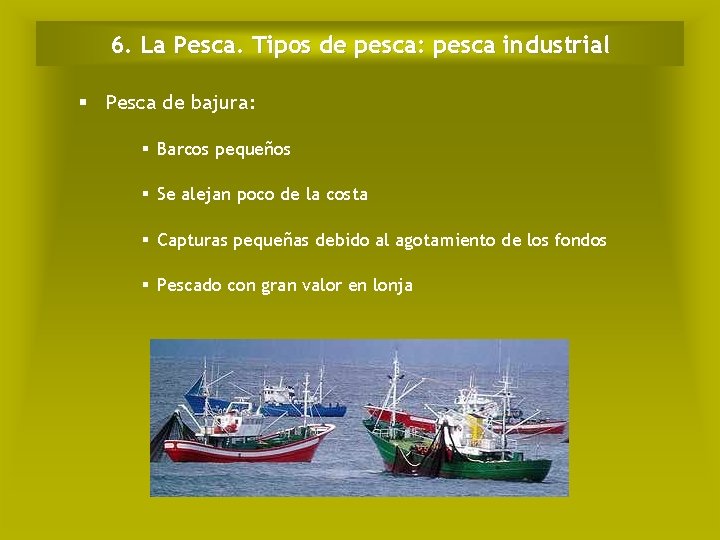 6. La Pesca. Tipos de pesca: pesca industrial Pesca de bajura: Barcos pequeños Se