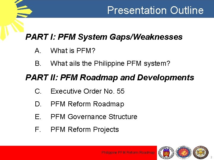 Presentation Outline PART I: PFM System Gaps/Weaknesses A. What is PFM? B. What ails