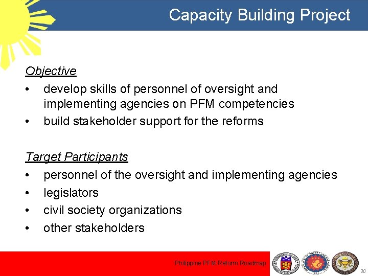 Capacity Building Project Objective • develop skills of personnel of oversight and implementing agencies