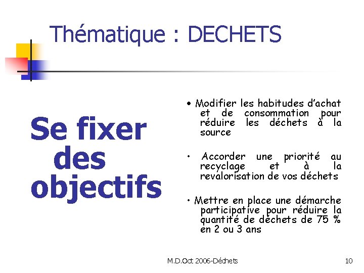 Thématique : DECHETS Se fixer des objectifs • Modifier les habitudes d’achat et de