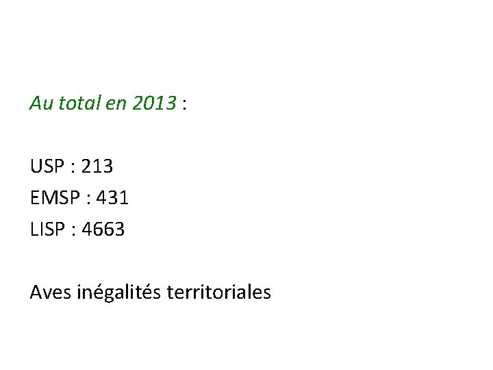 Au total en 2013 : USP : 213 EMSP : 431 LISP : 4663