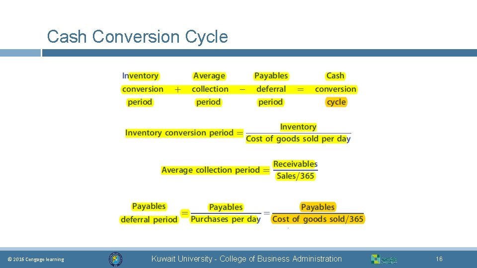 Cash Conversion Cycle © 2016 Cengage learning Kuwait University - College of Business Administration