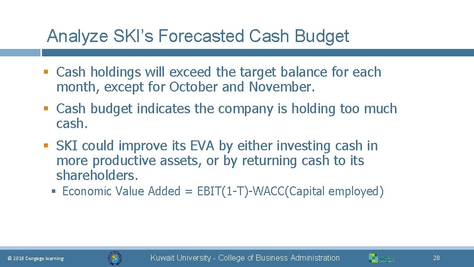 Analyze SKI’s Forecasted Cash Budget § Cash holdings will exceed the target balance for