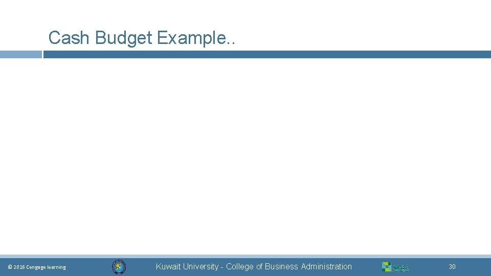 Cash Budget Example. . © 2016 Cengage learning Kuwait University - College of Business