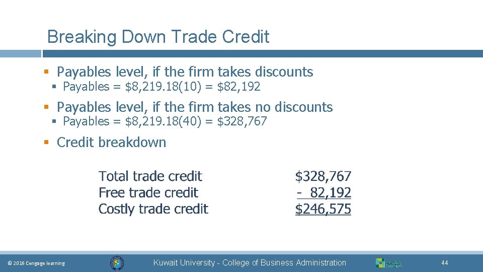 Breaking Down Trade Credit § Payables level, if the firm takes discounts § Payables