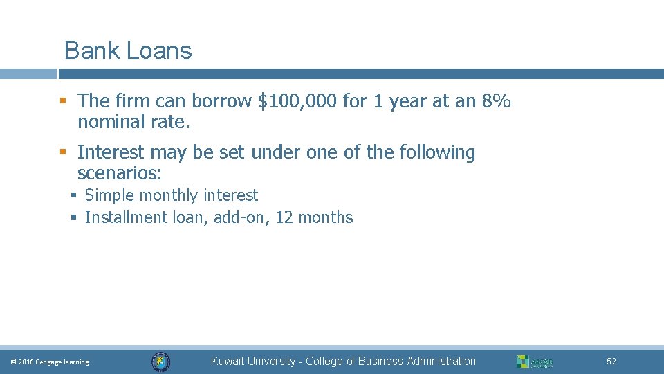 Bank Loans § The firm can borrow $100, 000 for 1 year at an