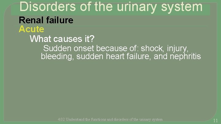 Disorders of the urinary system Renal failure Acute What causes it? Sudden onset because