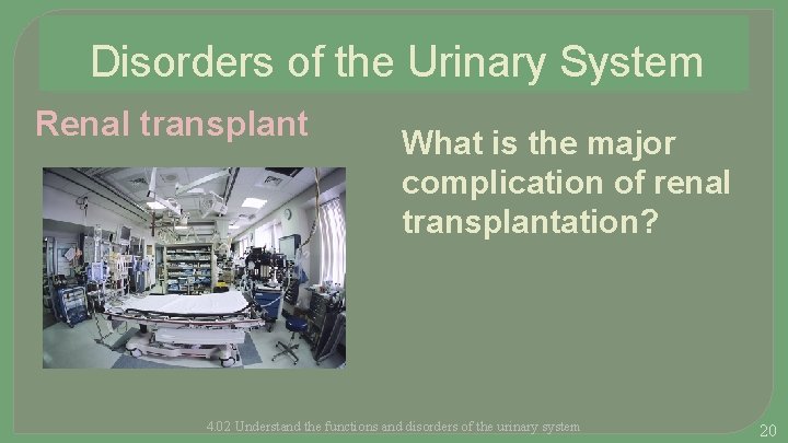 Disorders of the Urinary System Renal transplant What is the major complication of renal