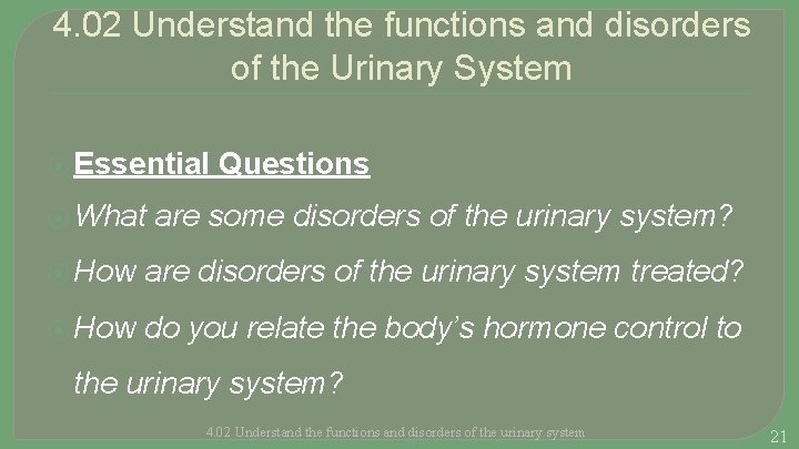 4. 02 Understand the functions and disorders of the Urinary System ⦿ Essential ⦿