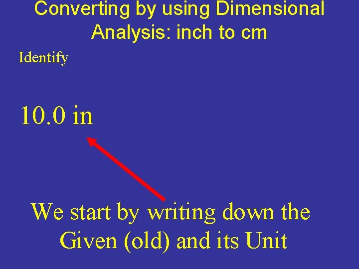 Converting by using Dimensional Analysis: inch to cm Identify 10. 0 in We start Converting by using Dimensional Analysis: inch to cm Identify 10. 0 in We start
