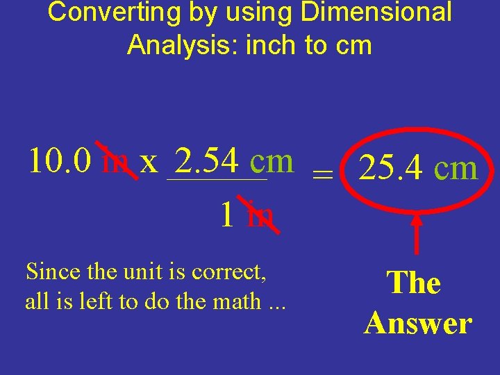 Converting by using Dimensional Analysis: inch to cm 10. 0 in x 2. 54 Converting by using Dimensional Analysis: inch to cm 10. 0 in x 2. 54