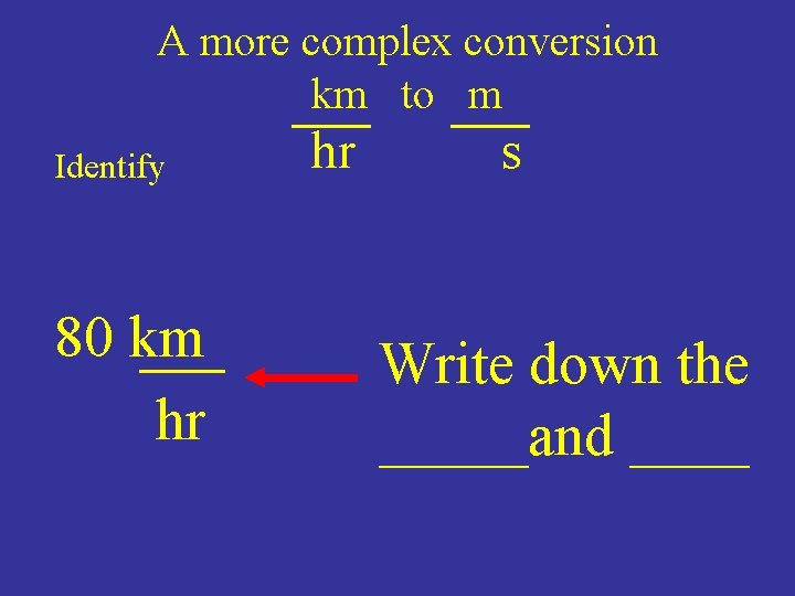 A more complex conversion km to m Identify 80 km hr hr s Write A more complex conversion km to m Identify 80 km hr hr s Write