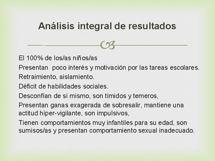 Análisis integral de resultados El 100% de los/as niños/as Presentan poco interés y motivación