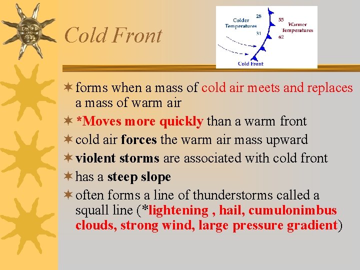 Cold Front ¬ forms when a mass of cold air meets and replaces a Cold Front ¬ forms when a mass of cold air meets and replaces a