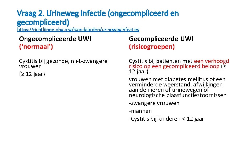 Vraag 2. Urineweg infectie (ongecompliceerd en gecompliceerd) https: //richtlijnen. nhg. org/standaarden/urineweginfecties Ongecompliceerde UWI (‘normaal’)