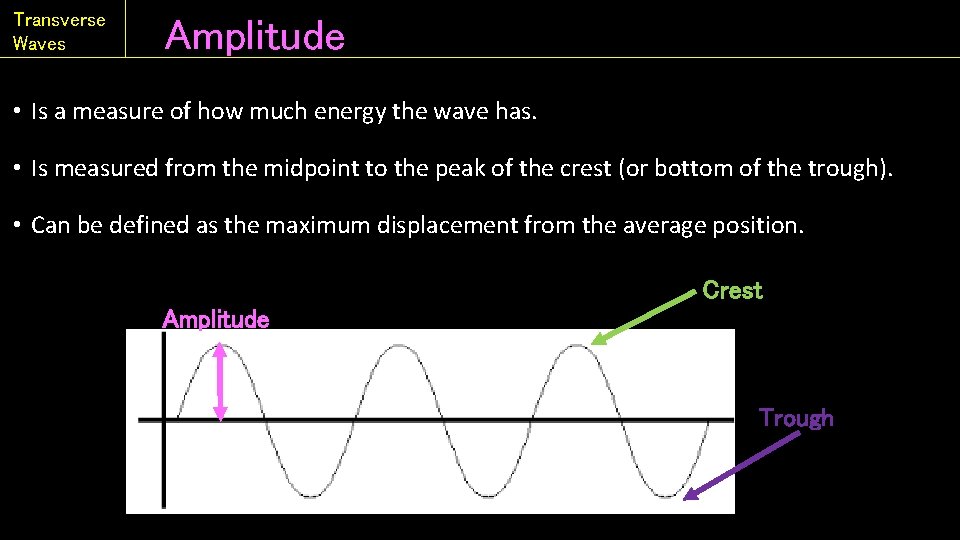 Transverse Waves Amplitude • Is a measure of how much energy the wave has.