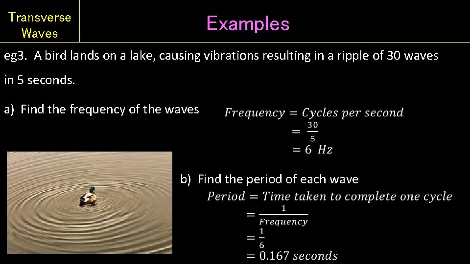 Transverse Waves Examples eg 3. A bird lands on a lake, causing vibrations resulting