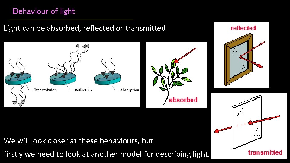 Behaviour of light Light can be absorbed, reflected or transmitted We will look closer