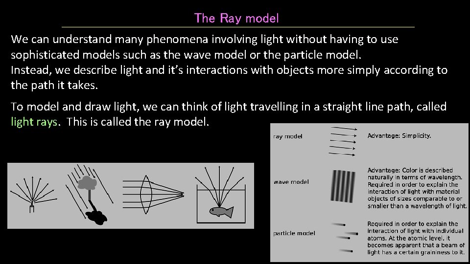 The Ray model We can understand many phenomena involving light without having to use