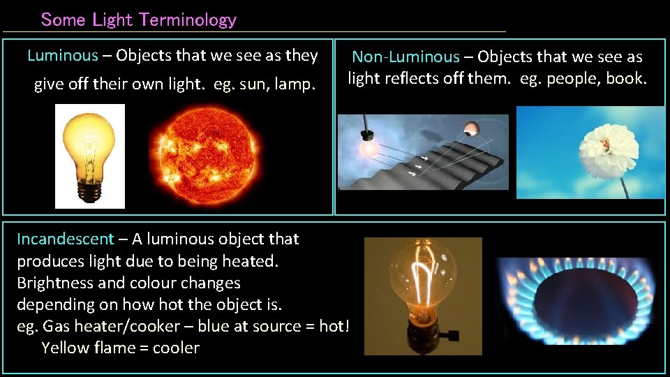 Some Light Terminology Luminous – Objects that we see as they give off their