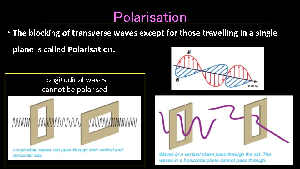 Polarisation • The blocking of transverse waves except for those travelling in a single