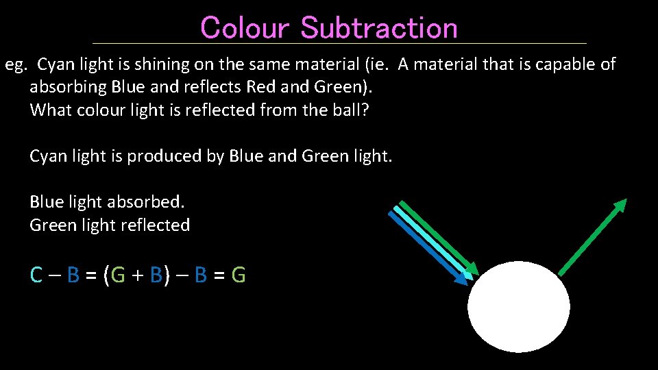 Colour Subtraction eg. Cyan light is shining on the same material (ie. A material