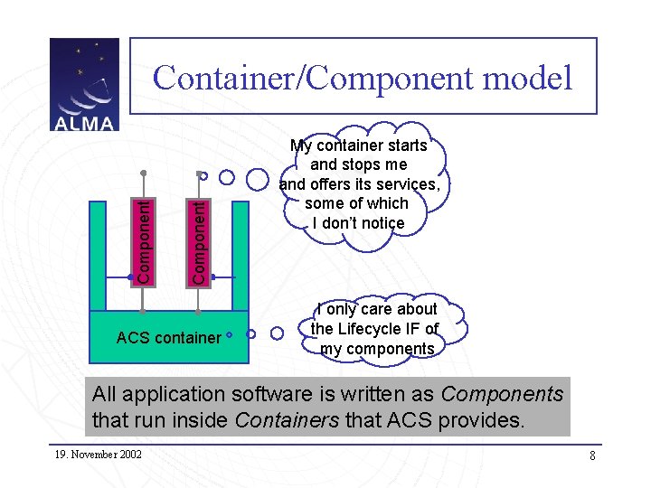 Component Container/Component model ACS container My container starts and stops me and offers its
