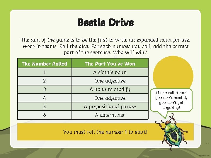 Beetle Drive The aim of the game is to be the first to write Beetle Drive The aim of the game is to be the first to write