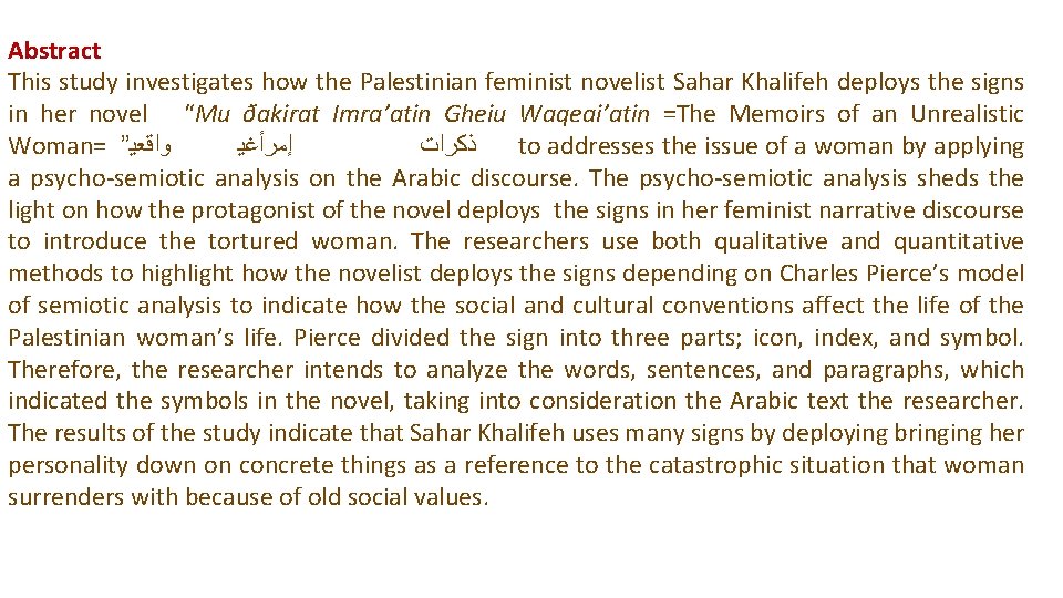 Abstract This study investigates how the Palestinian feminist novelist Sahar Khalifeh deploys the signs