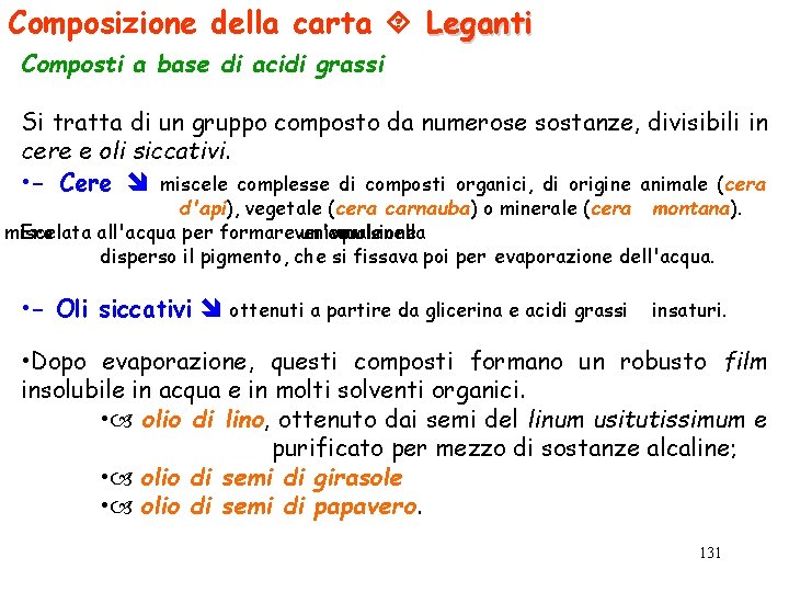 Composizione della carta Leganti Composti a base di acidi grassi Si tratta di un