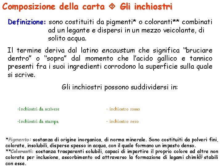 Composizione della carta Gli inchiostri Definizione: sono costituiti da pigmenti* o coloranti** combinati ad