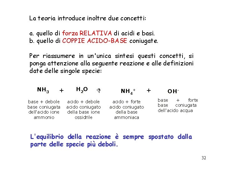 La teoria introduce inoltre due concetti: a. quello di forza RELATIVA di acidi e