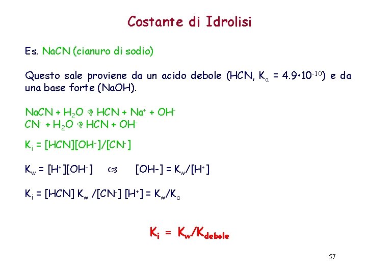 Costante di Idrolisi Es. Na. CN (cianuro di sodio) Questo sale proviene da un