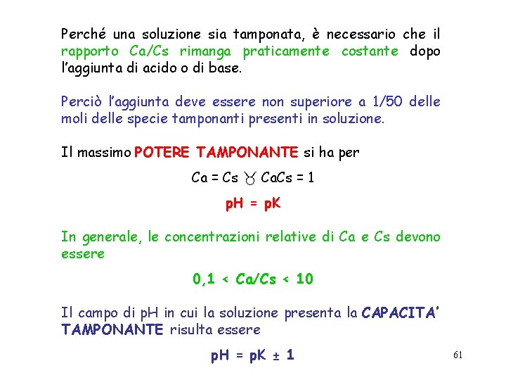 Perché una soluzione sia tamponata, è necessario che il rapporto Ca/Cs rimanga praticamente costante