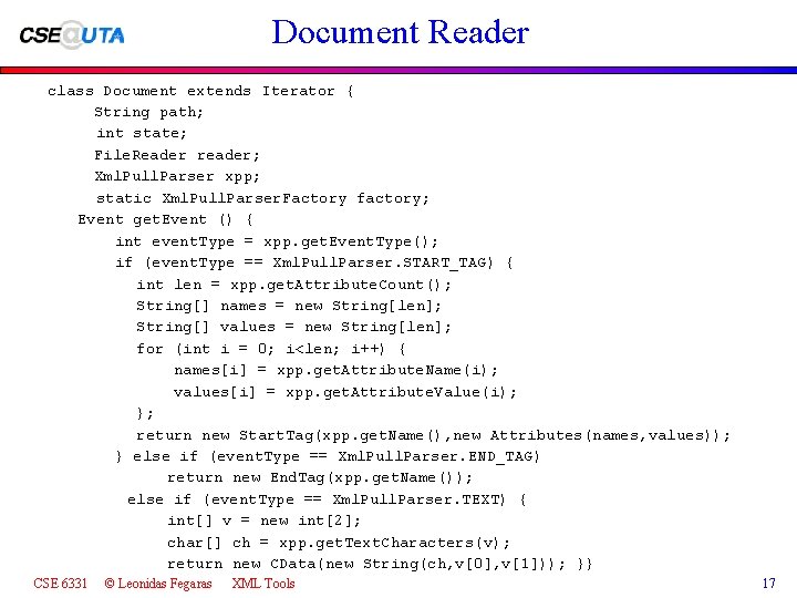 Document Reader class Document extends Iterator { String path; int state; File. Reader reader;