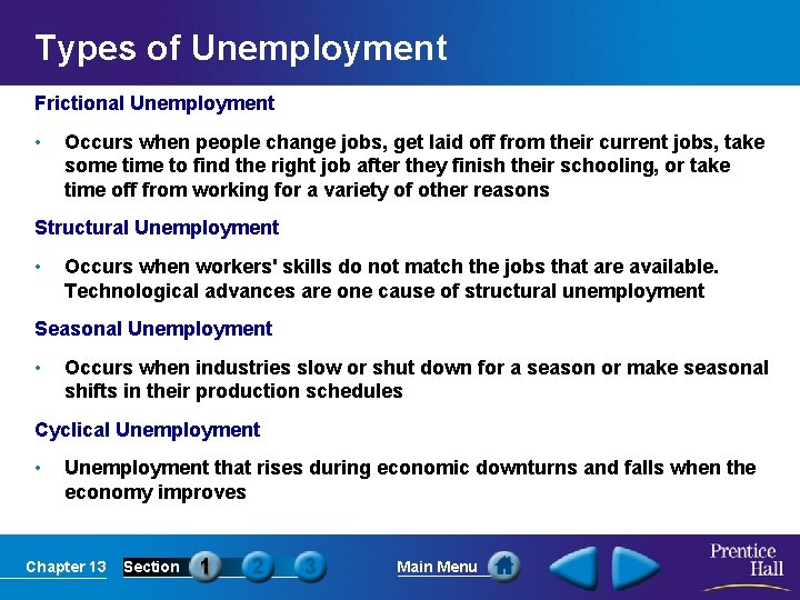 Types of Unemployment Frictional Unemployment • Occurs when people change jobs, get laid off