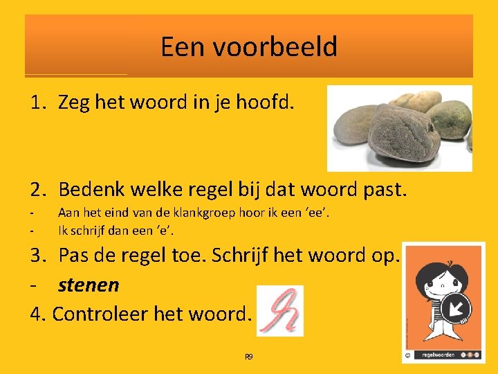 Een voorbeeld 1. Zeg het woord in je hoofd. 2. Bedenk welke regel bij