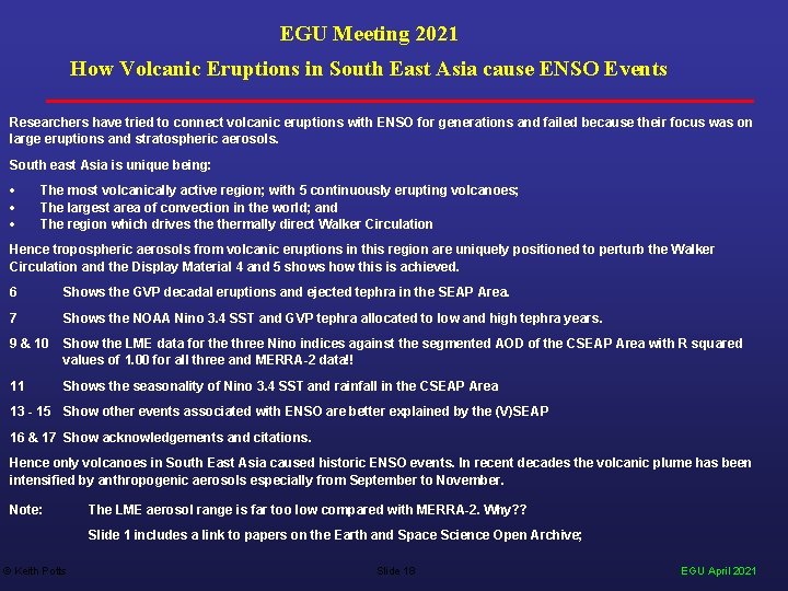 EGU Meeting 2021 How Volcanic Eruptions in South East Asia cause ENSO Events Researchers