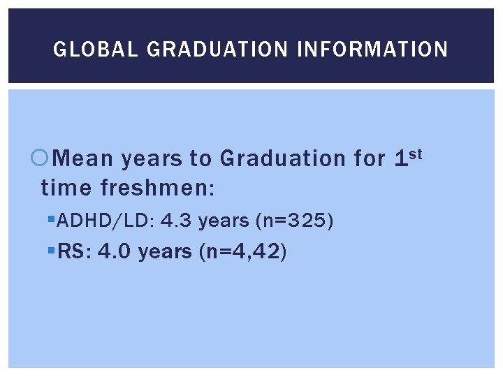GLOBAL GRADUATION INFORMATION Mean years to Graduation for 1 st time freshmen: § ADHD/LD: