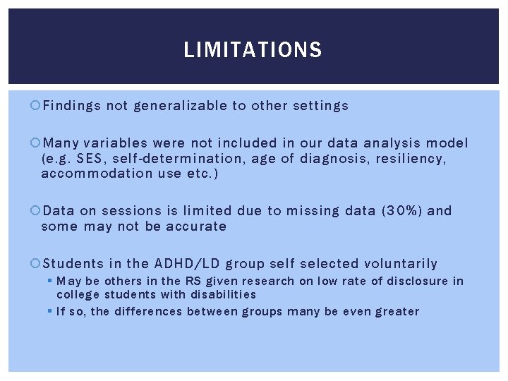 LIMITATIONS Findings not generalizable to other settings Many variables were not included in our