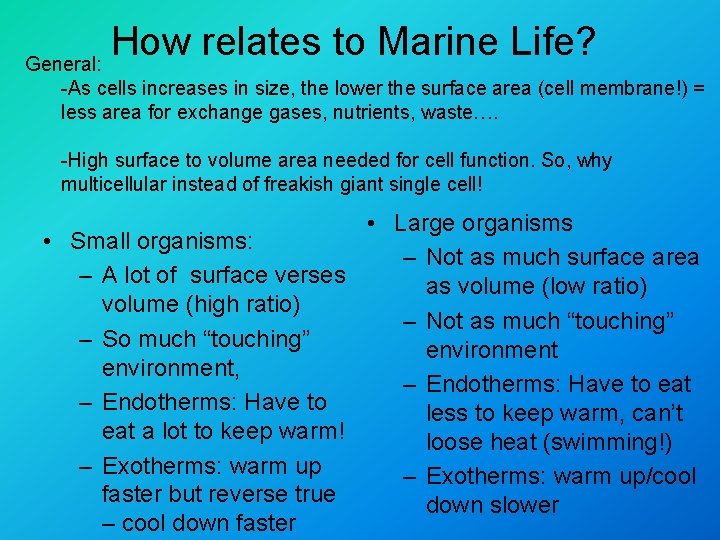 How relates to Marine Life? General: -As cells increases in size, the lower the