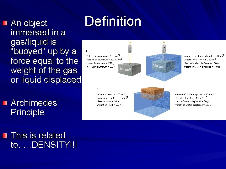 An object immersed in a gas/liquid is “buoyed” up by a force equal to