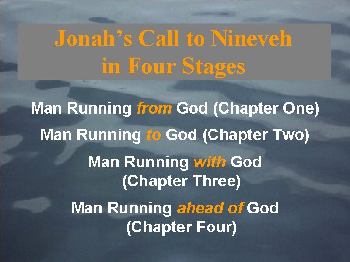 Jonah’s Call to Nineveh in Four Stages Man Running from God (Chapter One) Man