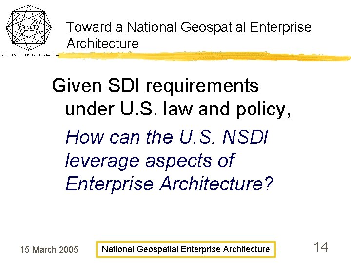 Toward a National Geospatial Enterprise Architecture NSDI National Spatial Data Infrastructure Given SDI requirements